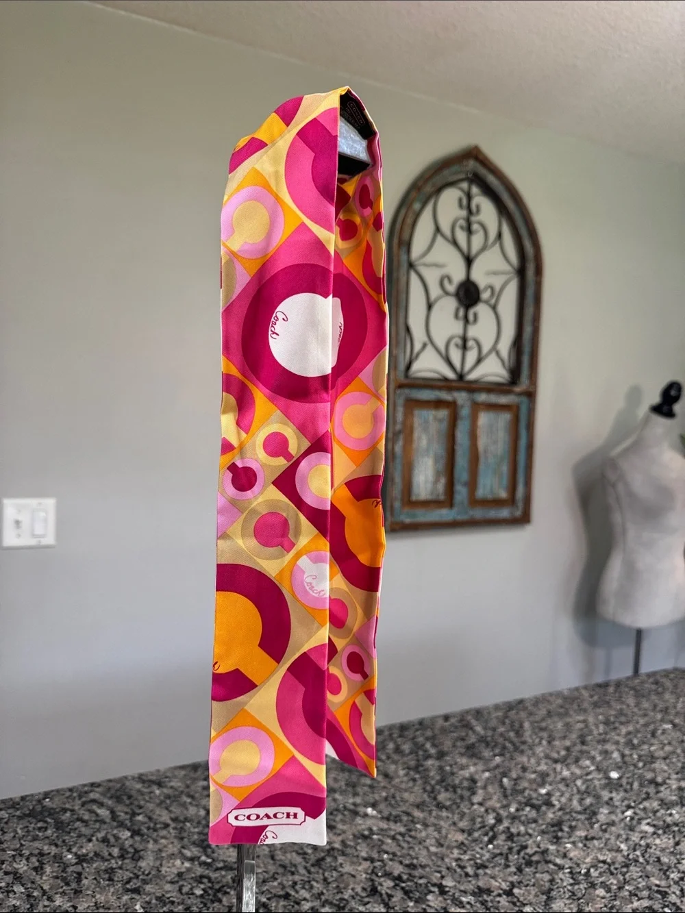 Coach silk twilly scarf Pink, Yellow & Orange Graphic Signature Scarf EUC